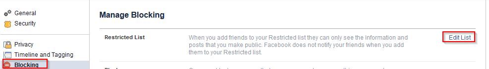 Accessing blocking settings in Facebook