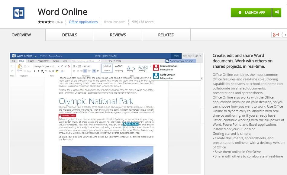 Word Online app for Google Chrome