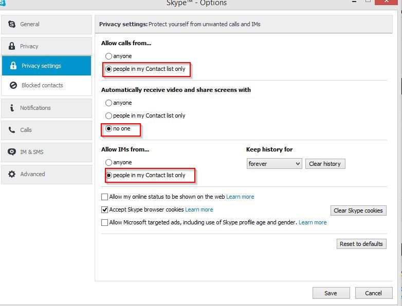 tweaking privacy settings in Skype