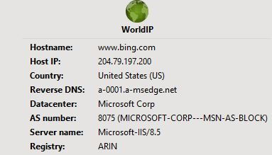 Website network details obtained through WorldIP