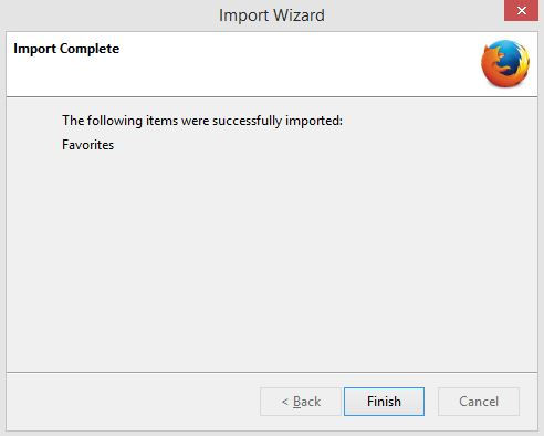 Finished importing bookmarks from Internet Explorer to Firefox