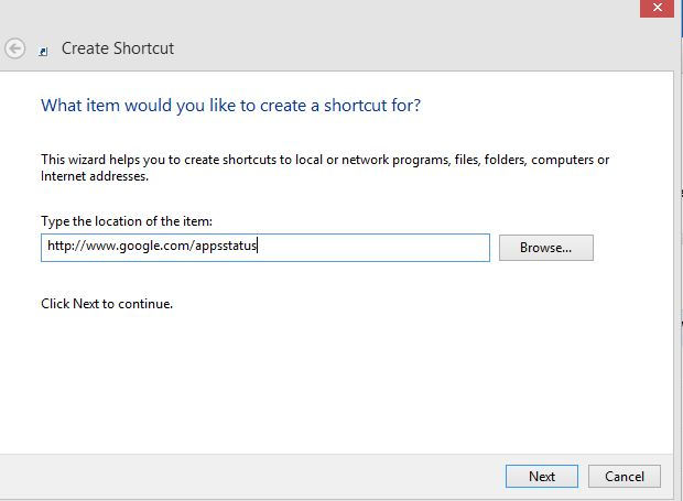 Internet shortcut in Windows pointing to Google Apps status dashboard