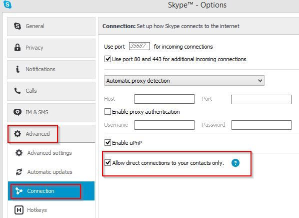 enabling direct connection in Skype to hide IP address from non-contacts