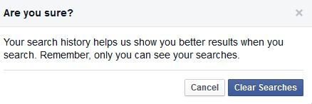 Confirmation message before clearing Facebook search history