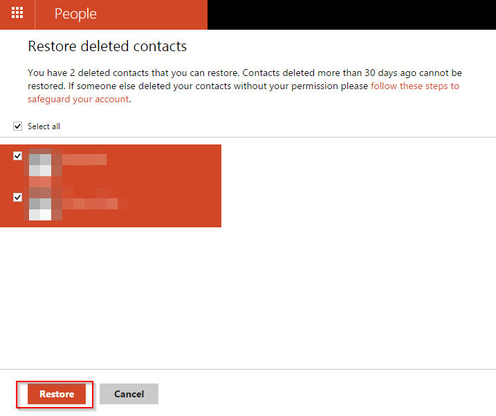 restoring deleted contacts in outlook.com