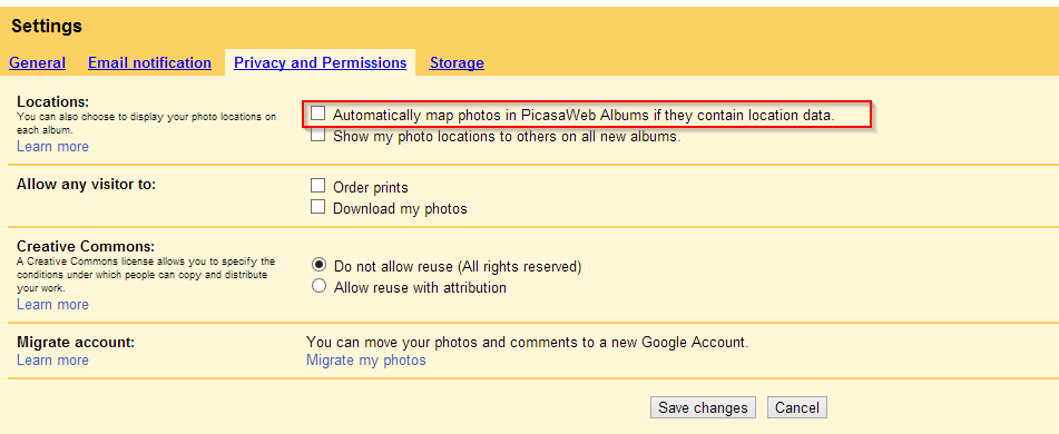 Disable geo mapping for photos in Picasa