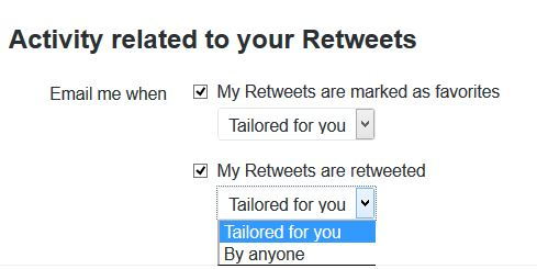 Enable email notifications for activities related to retweeting