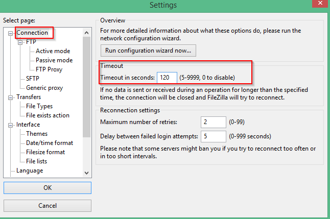 changing the timeout inteval in Filezilla