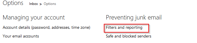 Accessing junk email filter options in Outlook.com
