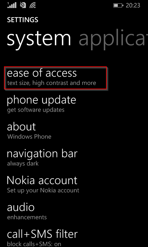 Accessing Ease of Access from Windows 8.1 phone settings