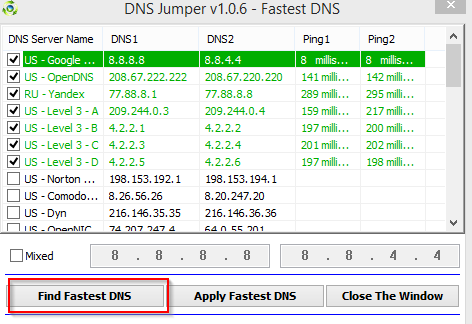 list of public DNS servers with their response time displayed by DNS Jumper