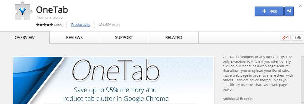 installing OneTab from Chrome Web Store