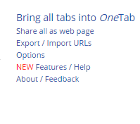 OneTab features menu