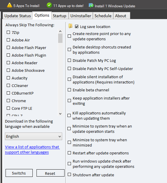 configuring various options in Patch My PC