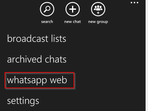 accessing menu for WhatsApp from Windows Phone