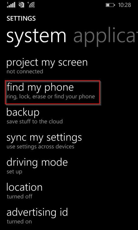 accessing "find my phone" settings for Windows Phone