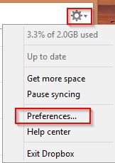 accessing preferences for Dropbox client in Windows