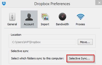 accessing selective sync settings for Dropbox in Windows