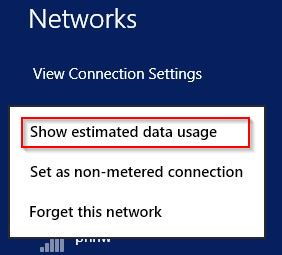 display estimated data usage for metered connections in Windows 8