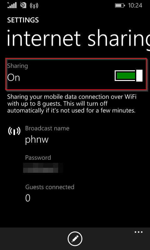 internet sharing enabled in windows phone