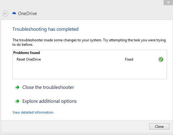 problems with onedrive fixed through troubleshooter