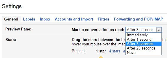 changing the time interval for marking emails as read in preview pane