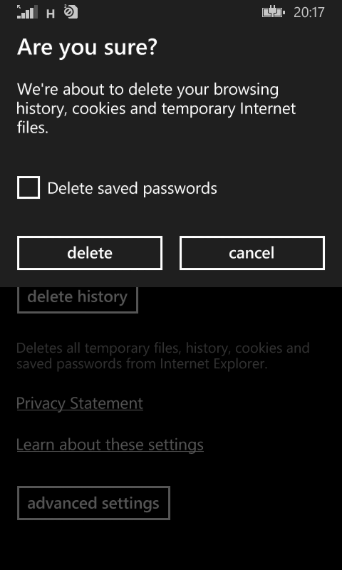 emptying IE contents in Windows phone 8.1