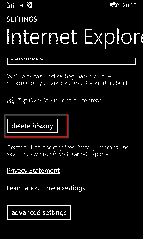 selecting delete settings for IE in Windows phone 8.1