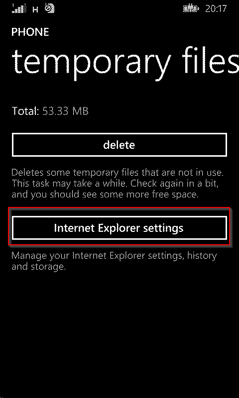 IE settings through storage sense in Windows phone 8.1