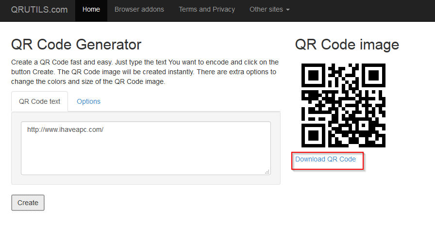 generating a QR code online using qrutils.com