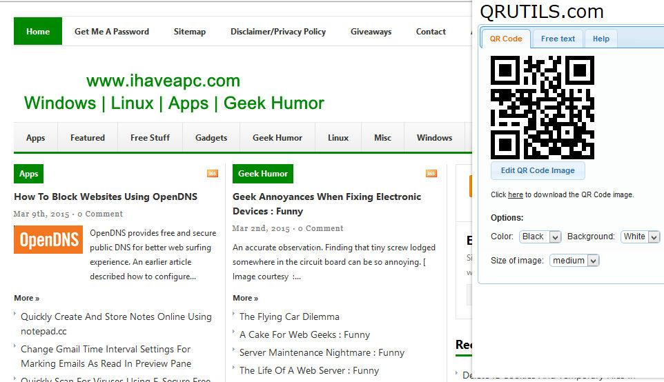 Using the qrutils browser add-on to generate QR codes for websites 