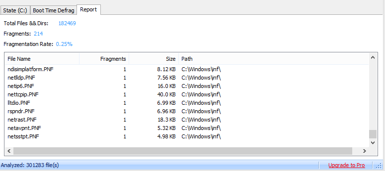 viewing the defrag report