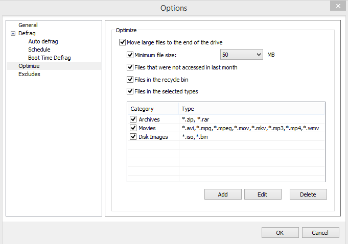 optimization options for defragmentation in disk speedup