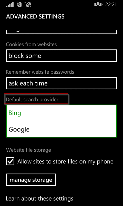 changing the default search provider for IE in windows phone