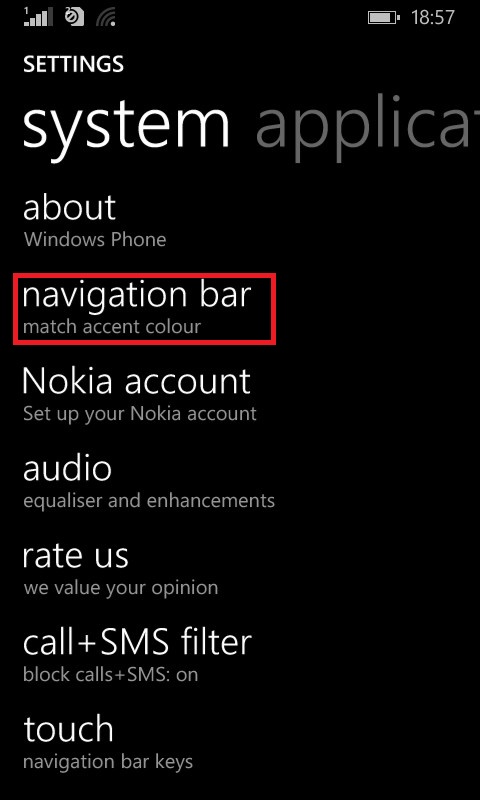 accessing Lumia settings