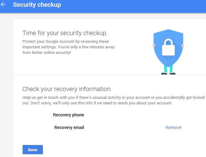 Google account recovery information settings