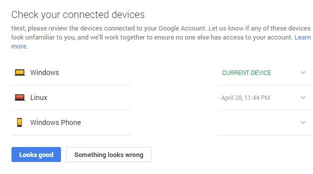 Connected devices and logins for Google account