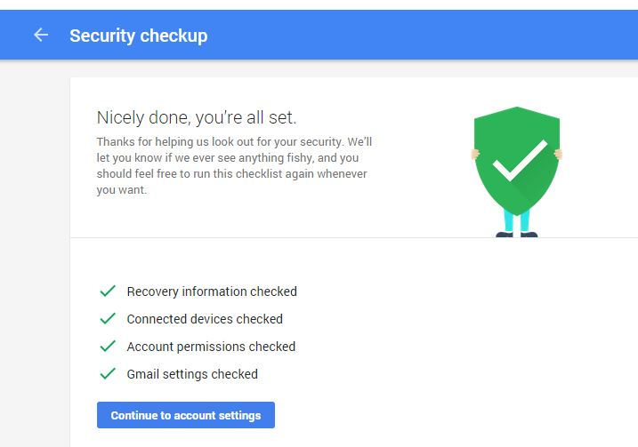 list of online security items checked for Google account