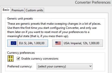 choosing currency conversion options in Converter add-on for Firefox