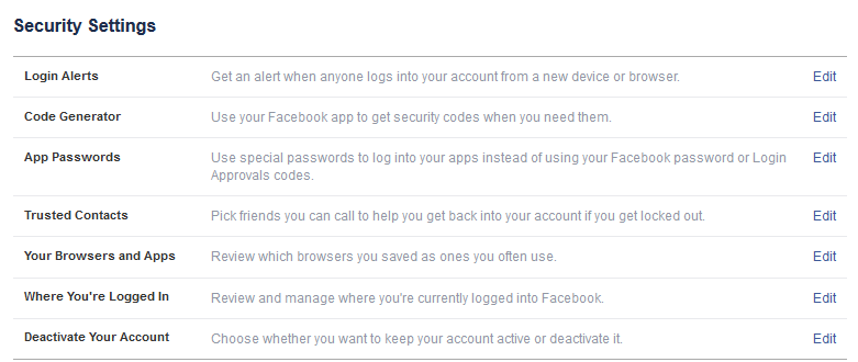 Facebook security settings