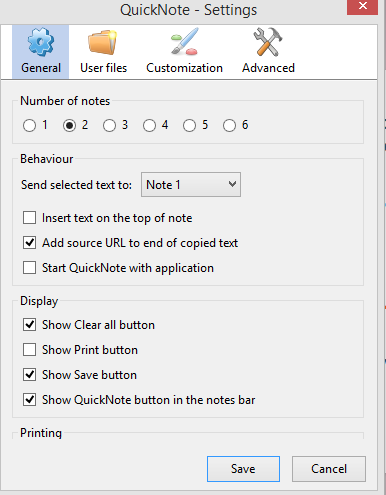 configuring general settings in QuickNote