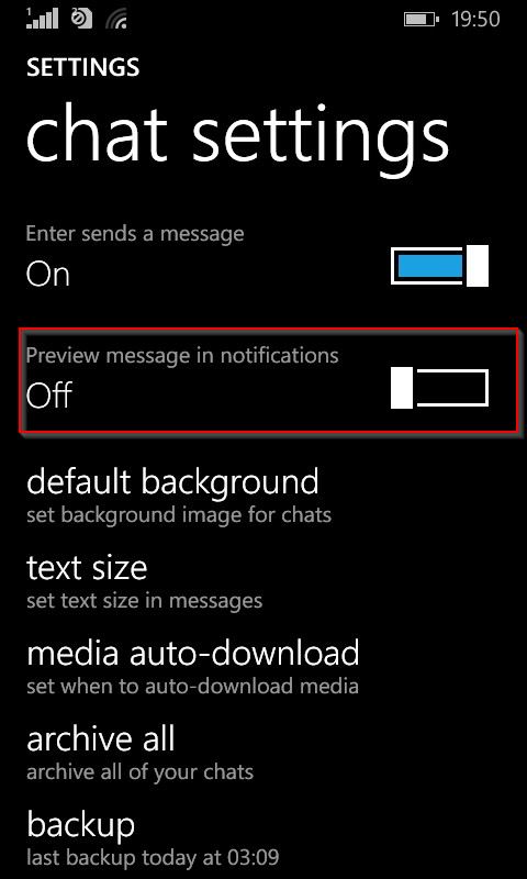 turn off whatsapp messages in notification area of windows phone