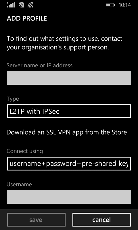 configuring VPN connectivity details for Windows phone 