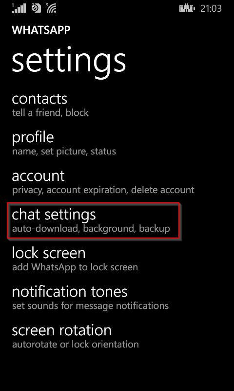 accessing chat settings in WhatsApp for Windows Phone