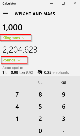 converting weight using windows 10 calculator