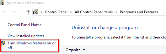 turning on or off windows features 