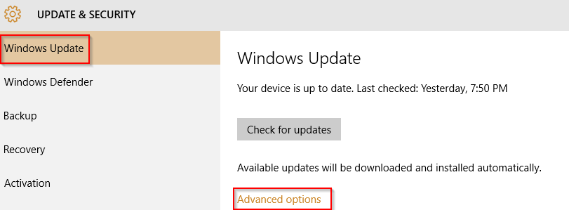 advanced options in windows 10 update settings