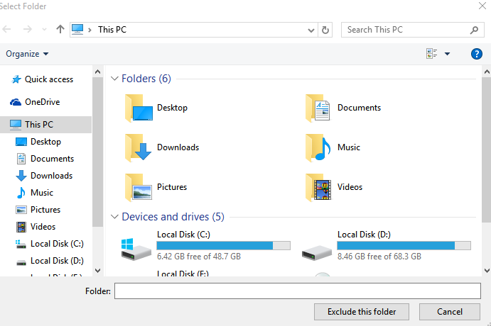 selecting specific files and folders for exclusion 