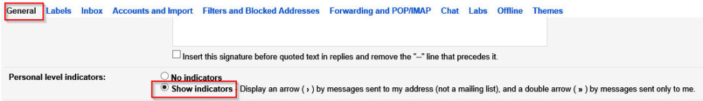 enabling personal level indicators in gmail