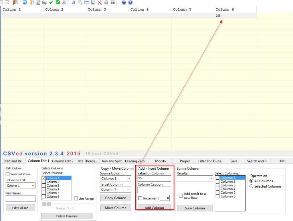 CSVEd user interface, adding new column with data